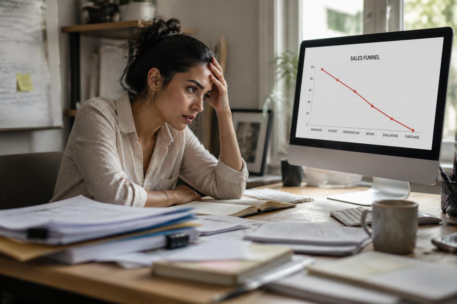 Woman entrepreneur at a cluttered desk looking stressed at a monitor showing a downward-trending sales funnel